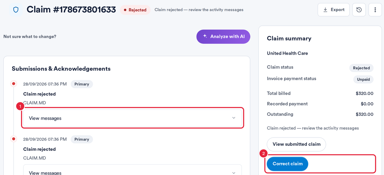 Read the messages, then click Correct claim