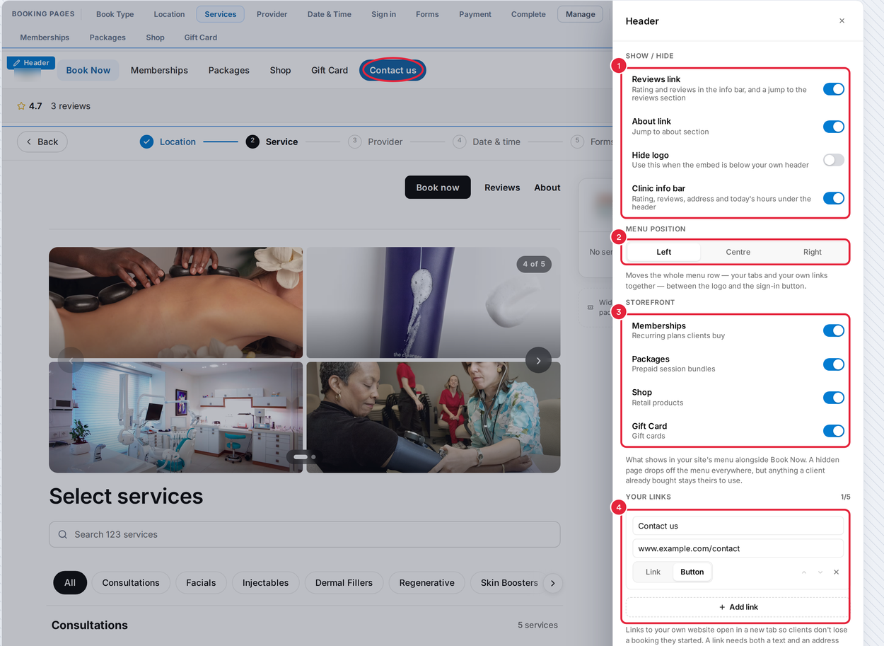 The Header settings with show and hide options, menu position, storefront pages and your links