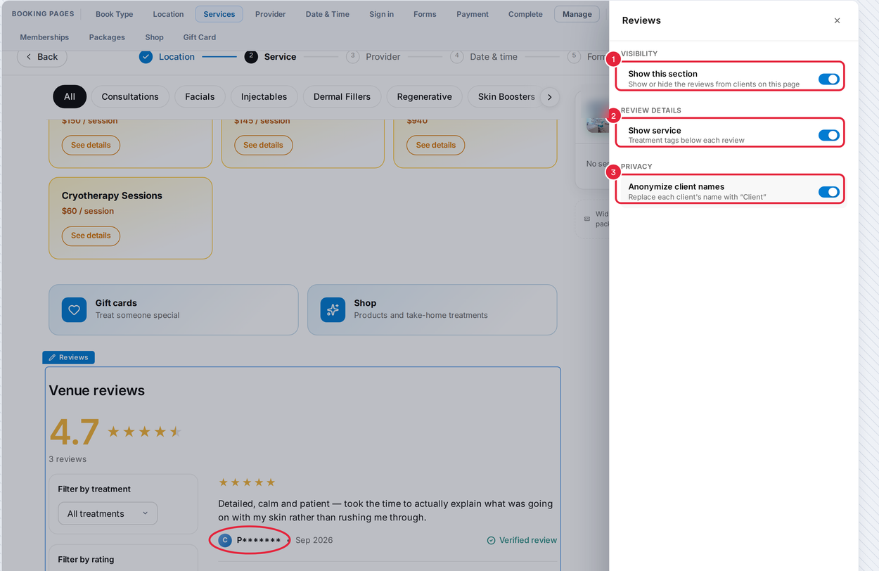 The Reviews settings with the reviews section previewed on the booking page