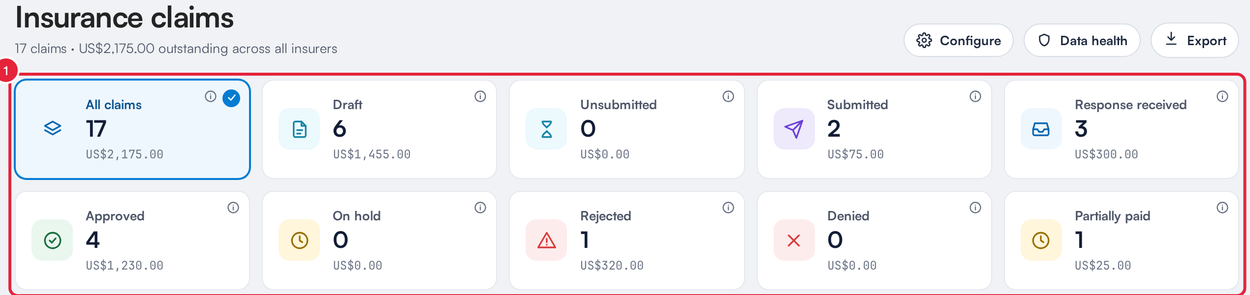 The status folders on the Insurance claims list