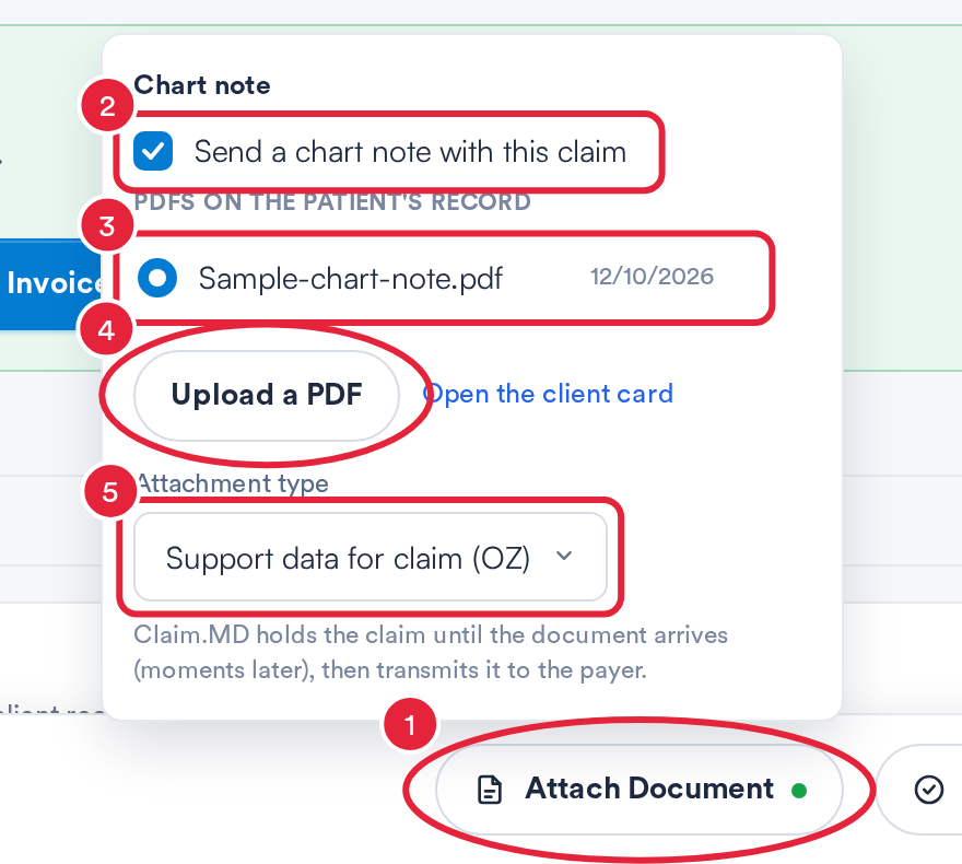 Choose the chart note, its type and send it with the claim