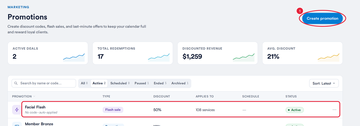 Marketing Promotions page with the Create promotion button and an active flash sale