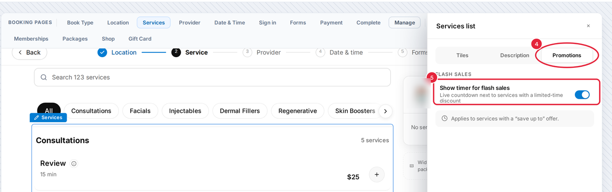 Services list panel on the Promotions tab with Show timer for flash sales switched on
