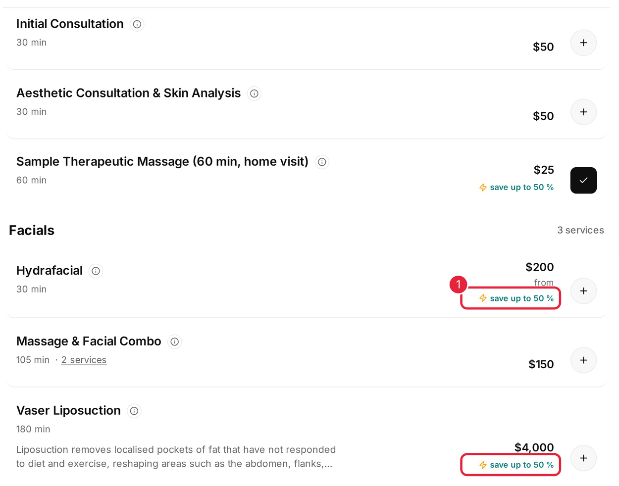 Booking page services with save up to 50 percent flash sale tags