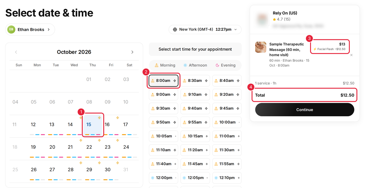 Date and time step with flash sale marks on days and times and the discount in the booking summary