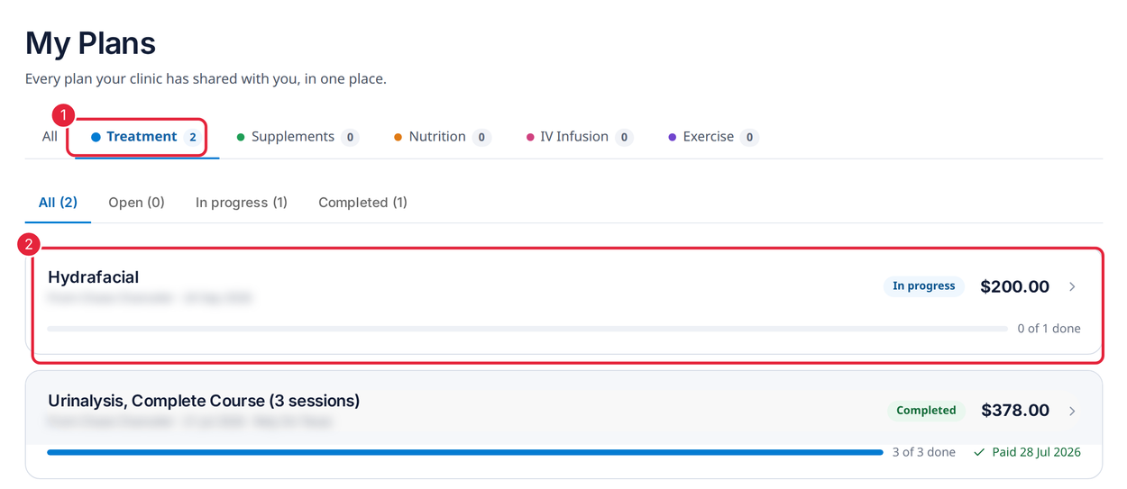 My Plans in the client portal with the Treatment tab and a plan card