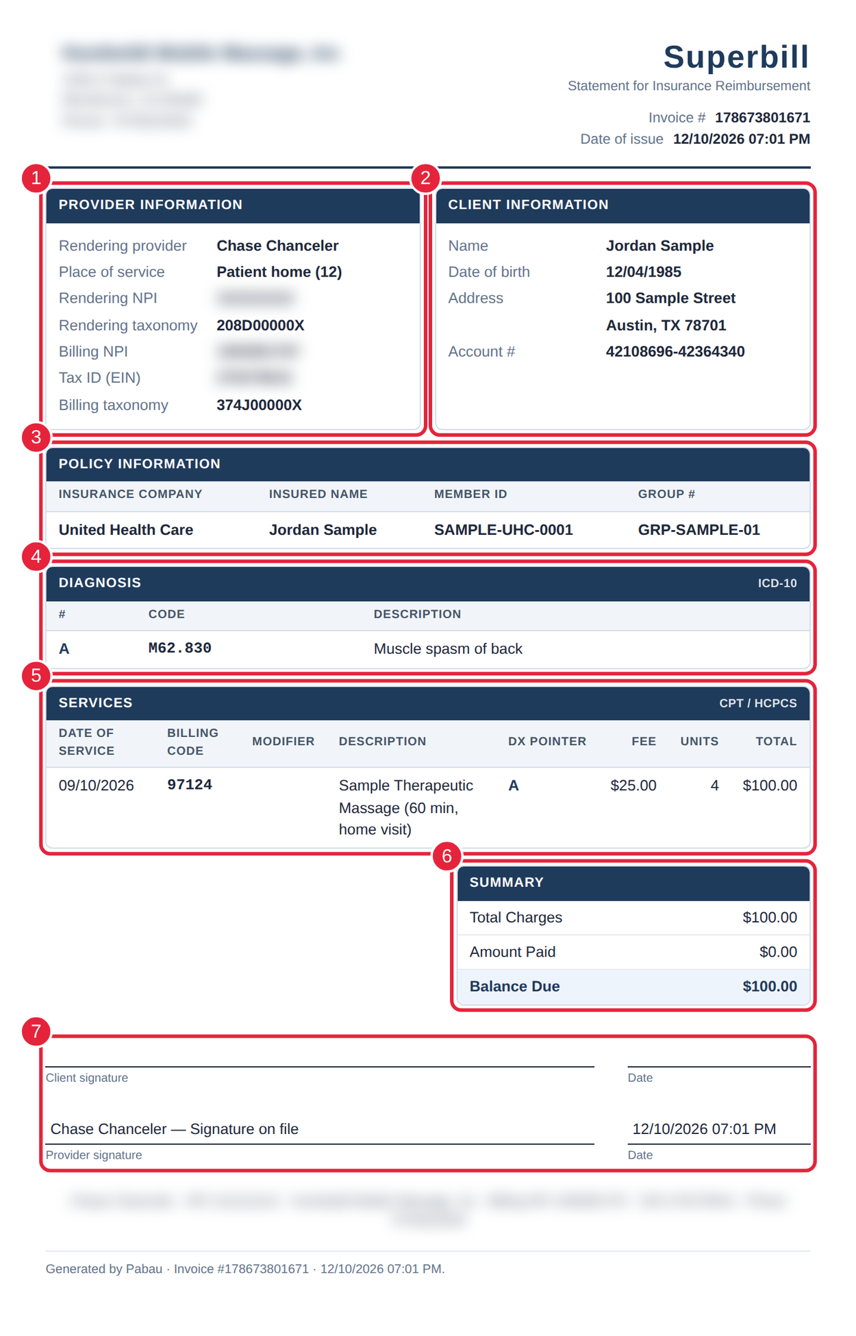 A superbill with the practice details blurred