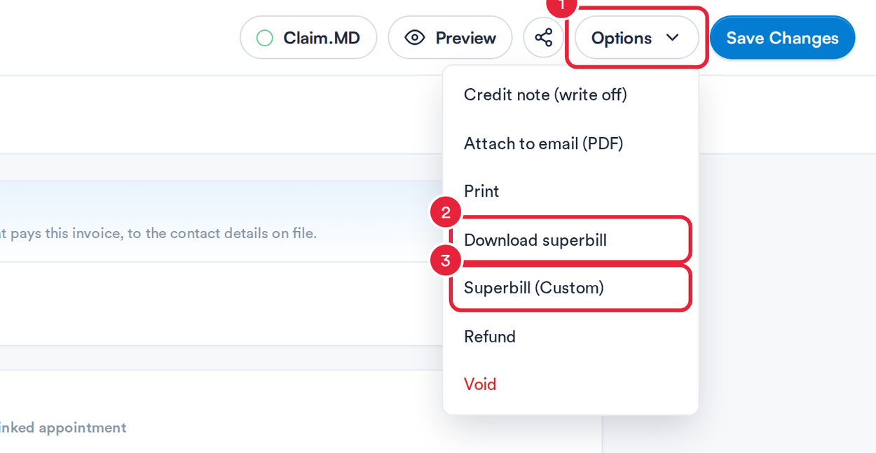 Download superbill and Superbill (Custom) in the invoice’s Options menu
