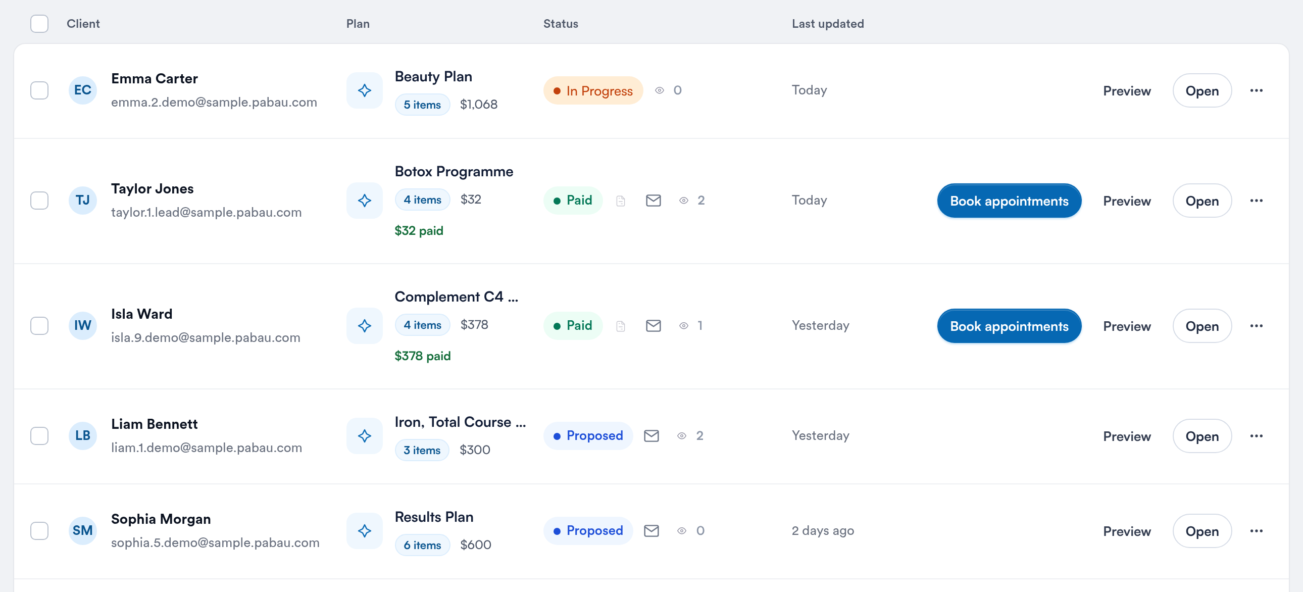Plan rows with client, plan, items, total, status, icons, last updated and the row buttons