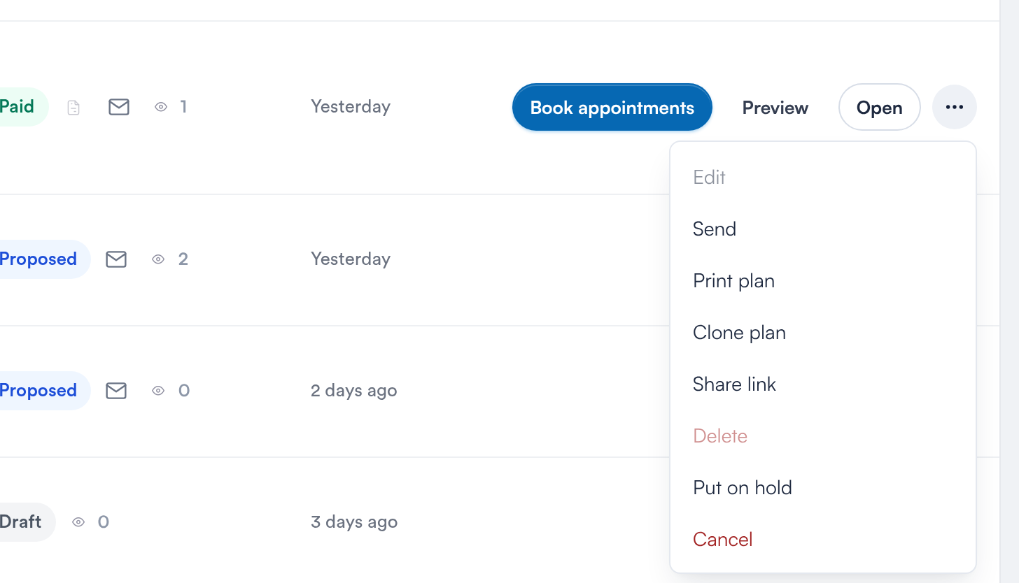 The row menu with Edit, Send, Print plan, Clone plan, Share link, Delete, Put on hold and Cancel