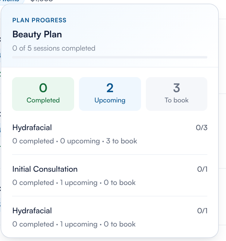 The Plan progress pop-up with Completed, Upcoming and To book counts per service
