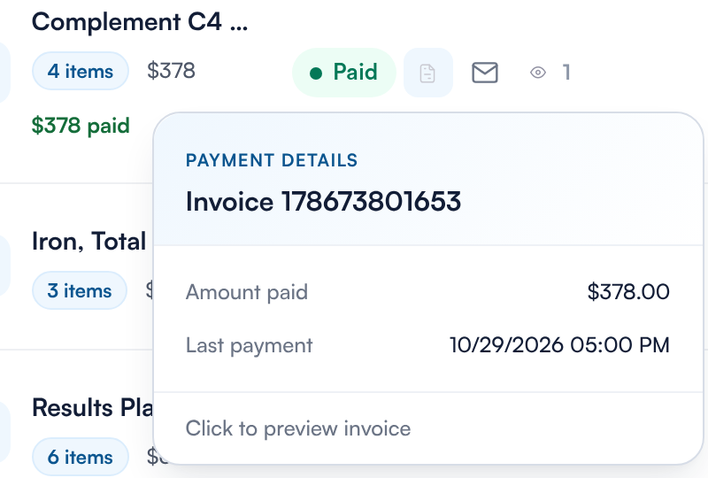The Payment details pop-up with the invoice number, amount paid and last payment