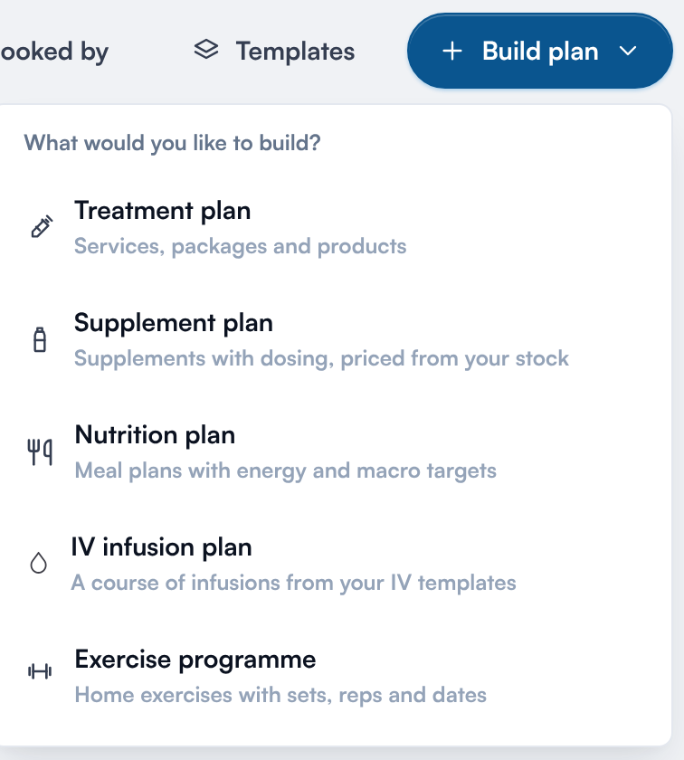 The Build plan menu listing Treatment plan, Supplement plan, Nutrition plan, IV infusion plan and Exercise programme