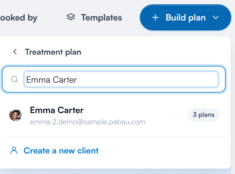 The client search in the Build plan menu with a matching client and Create a new client