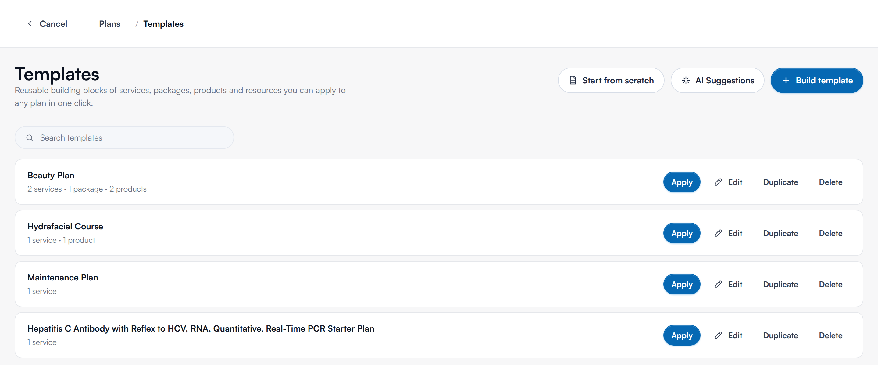The Templates window with Start from scratch and an Apply button on each template