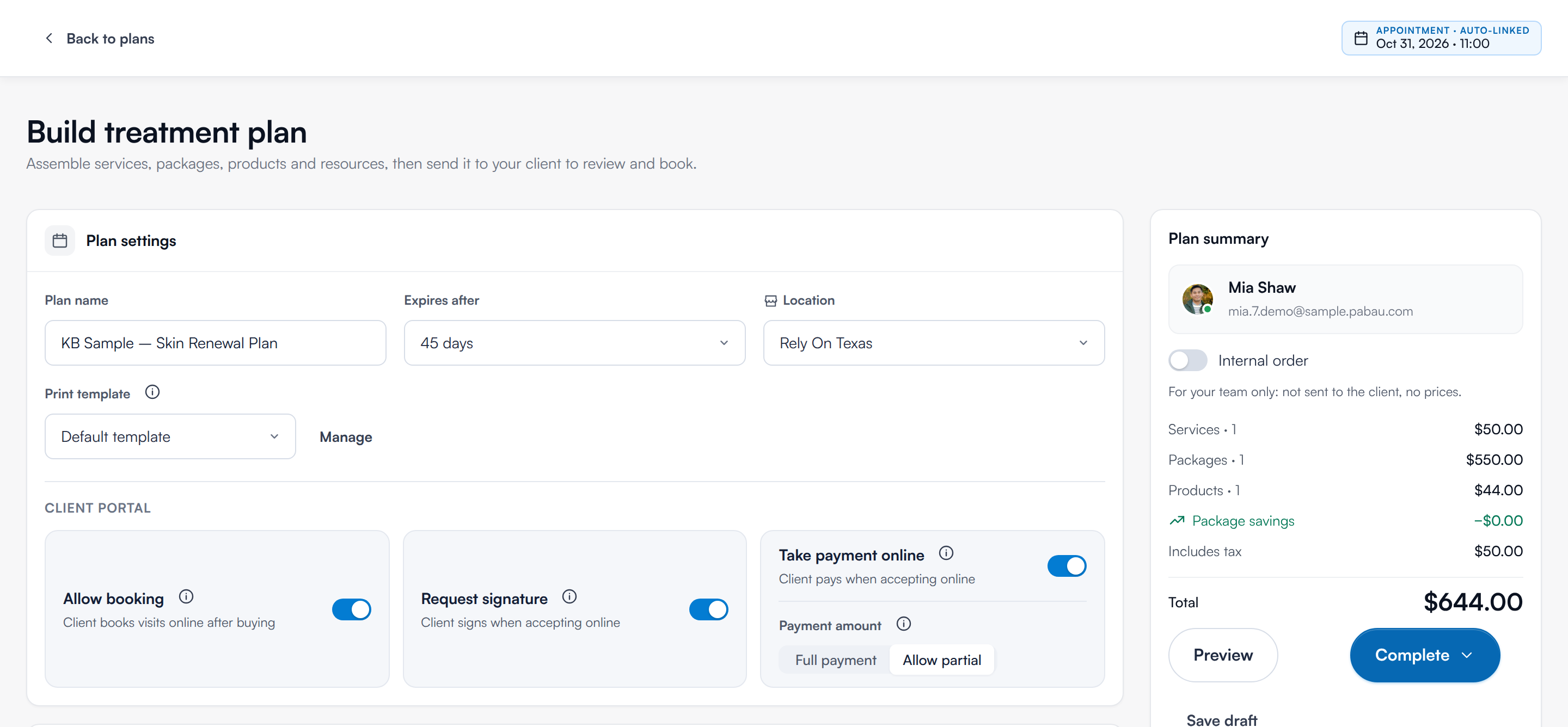 The treatment plan builder with Plan settings on the left and the Plan summary on the right