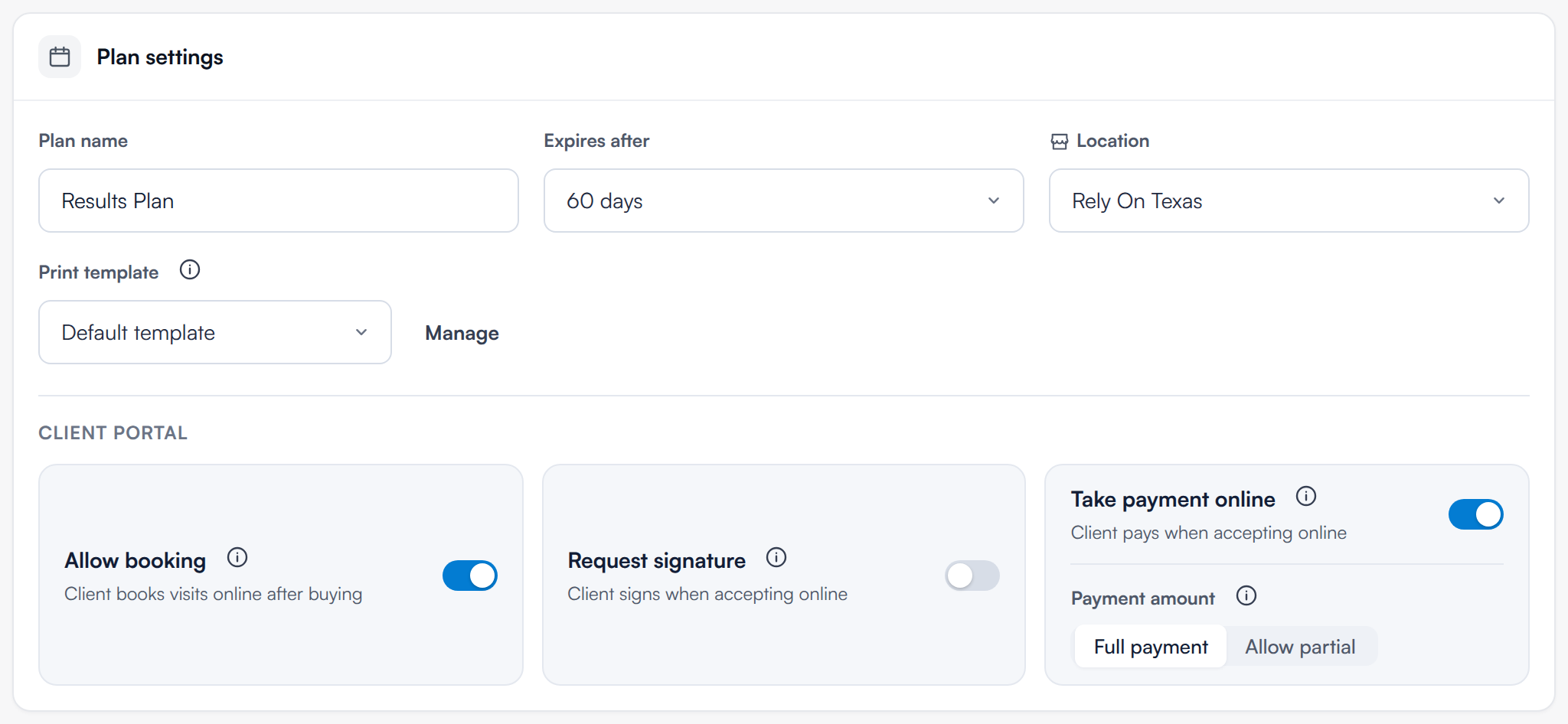 Plan settings with Plan name, Expires after, Location, Print template and the client portal switches