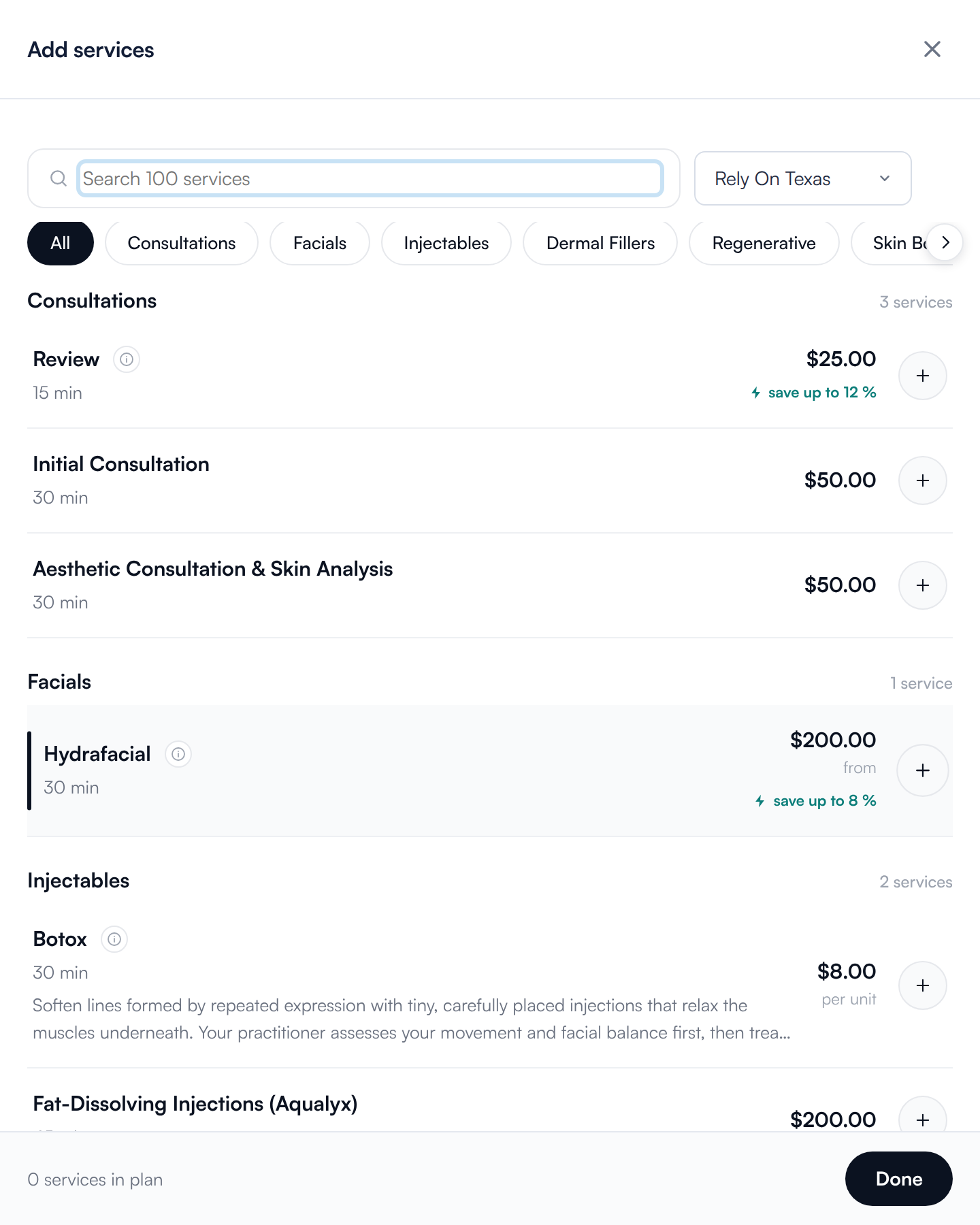 The Add services window with search, location, category chips and services with prices