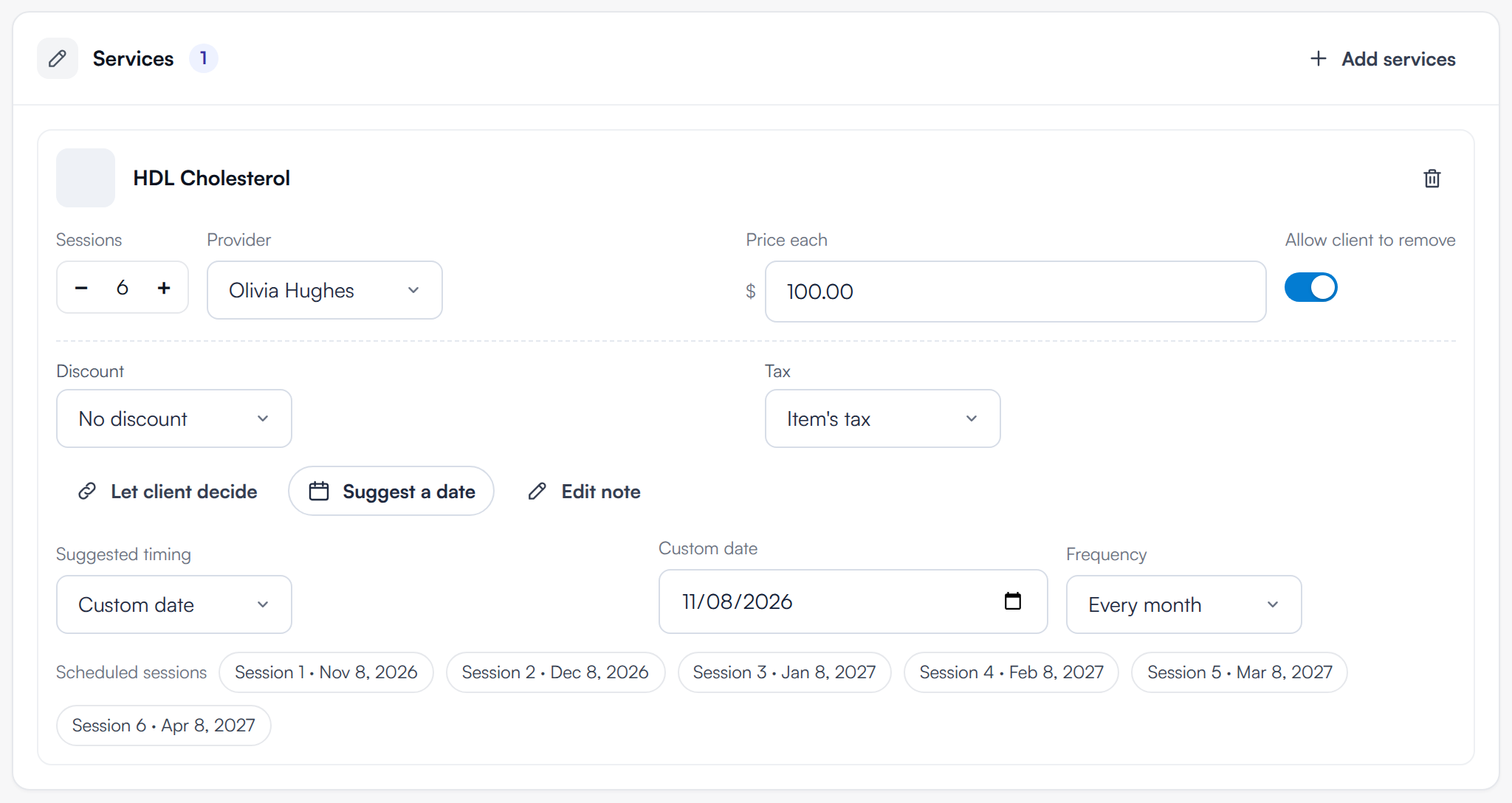 A service row with Sessions, Provider, Price each, Allow client to remove, Discount, Tax and suggested timing