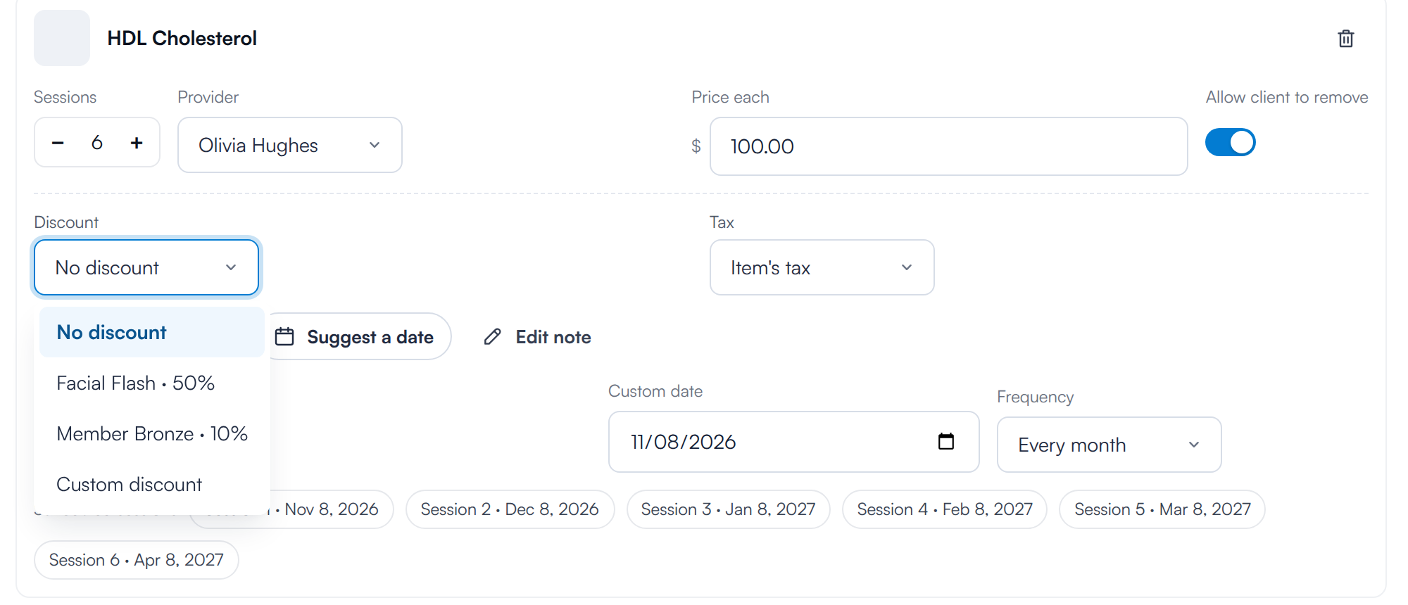 The Discount list open on a service, showing No discount, clinic discounts and Custom discount