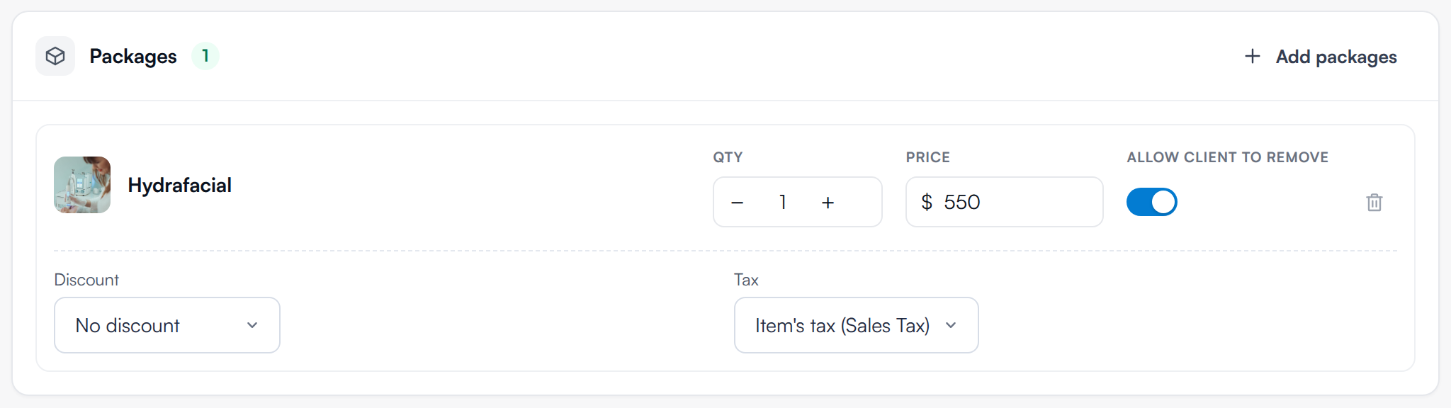 A package row with quantity, price, Allow client to remove, Discount and Tax