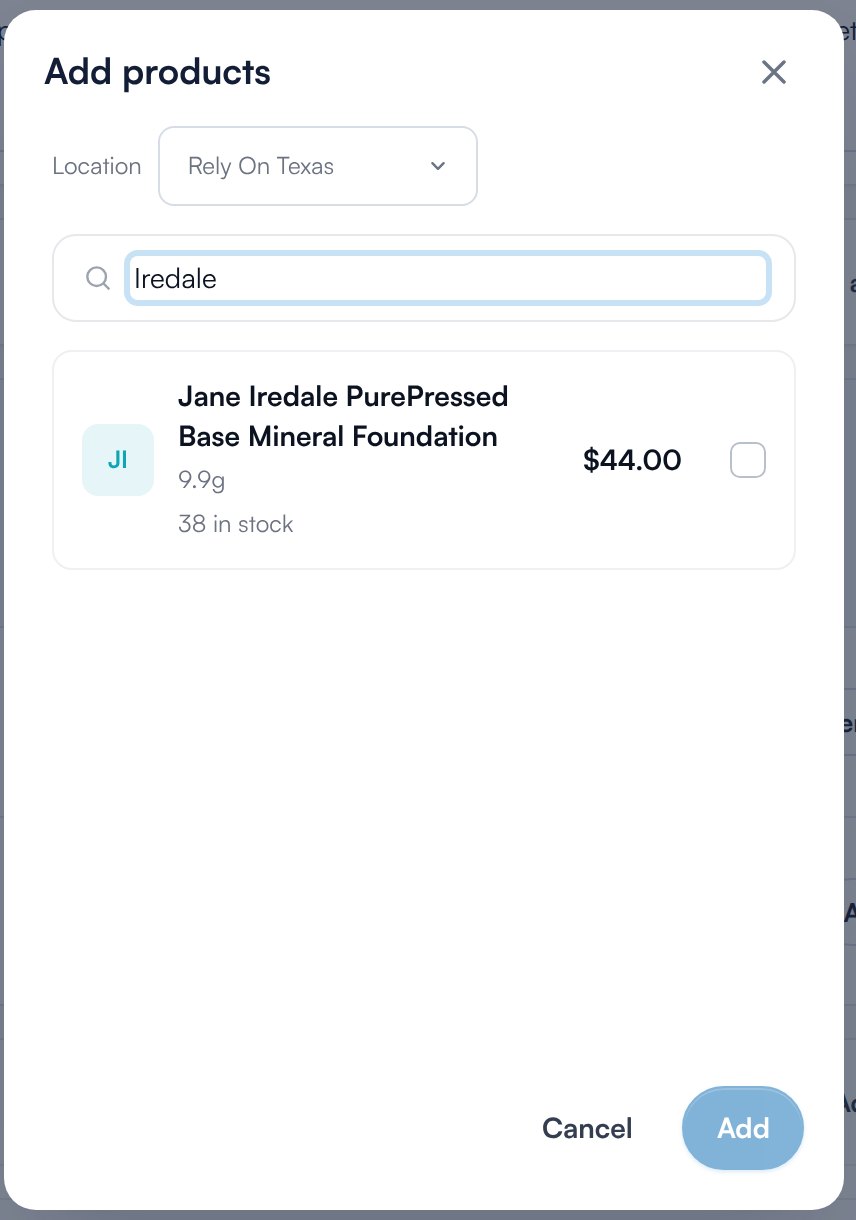 The Add products window with location, search and a product with its price and stock