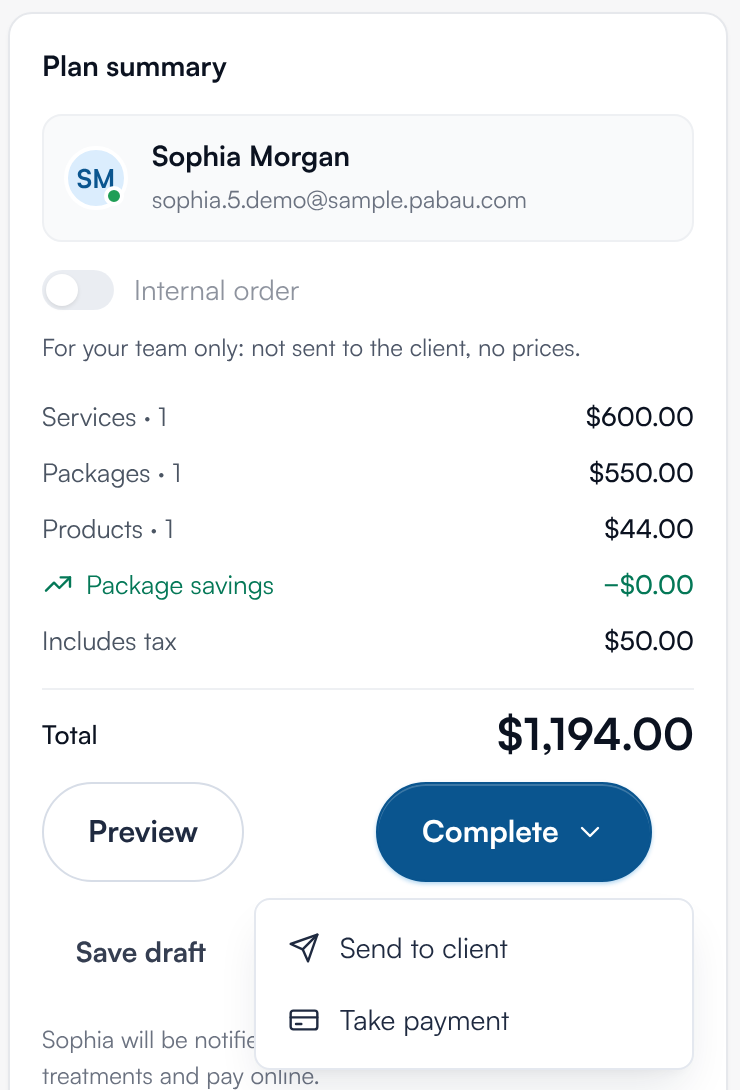 The Plan summary with the Complete menu open showing Send to client and Take payment
