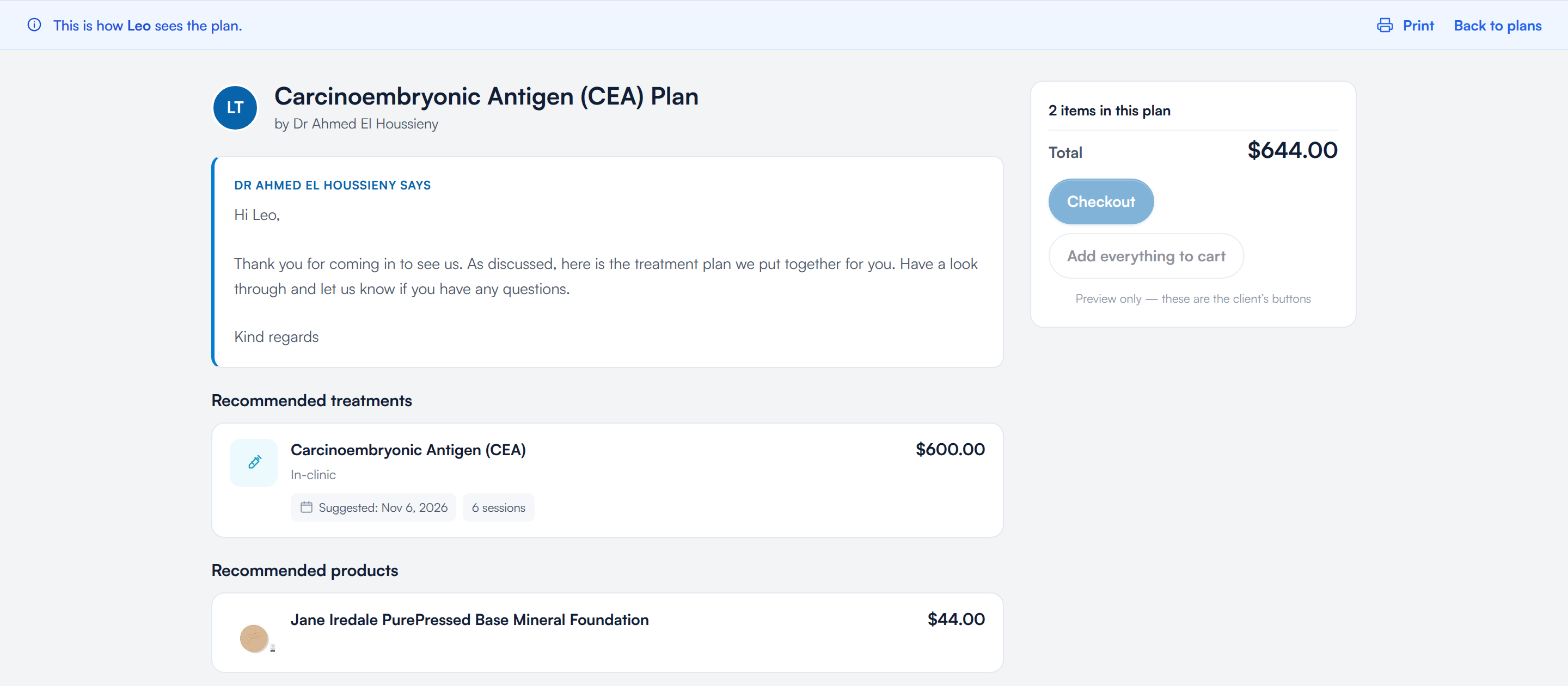 The client preview of a plan with the message, treatments, products and total
