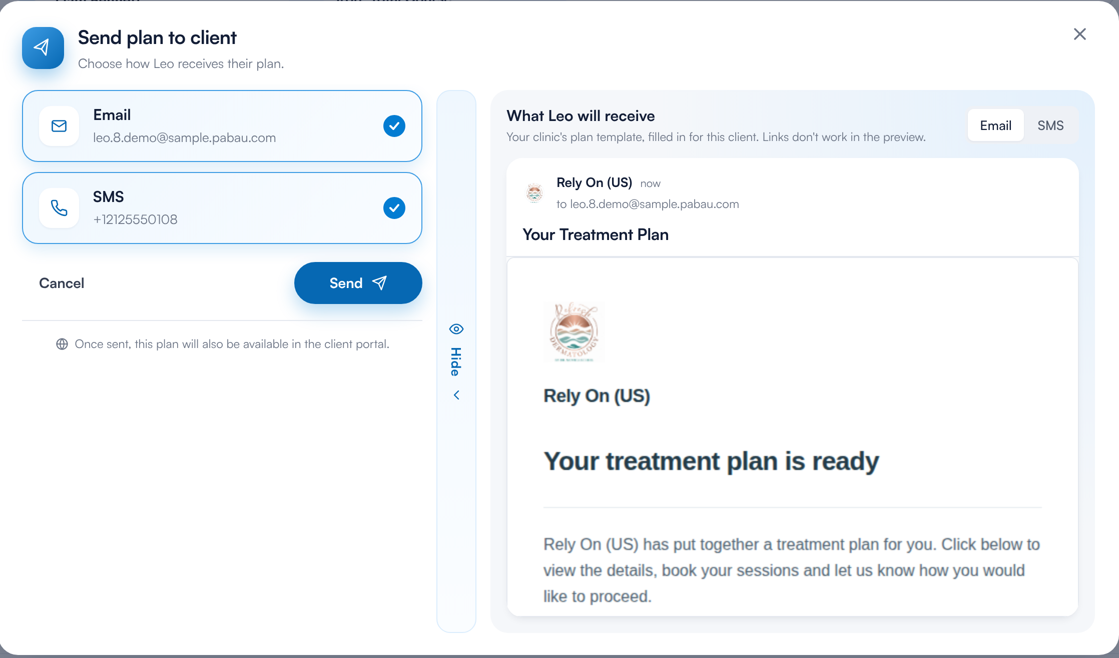 The Send plan to client window with Email and SMS ticked and a preview of the email