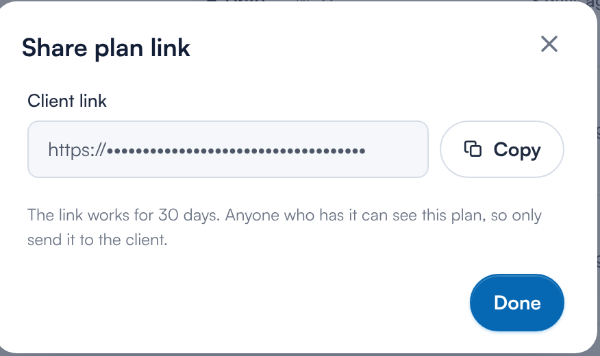 The Share plan link window with the client link hidden and a Copy button