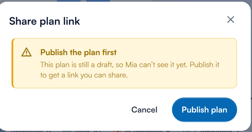 The Share plan link window asking to publish a draft plan first