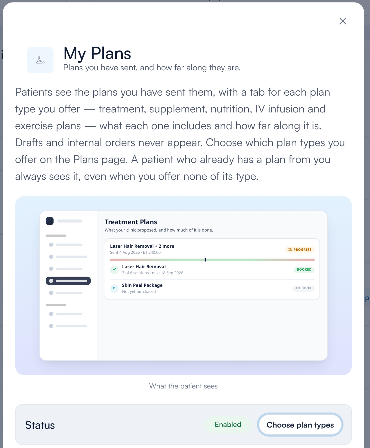 The My Plans card in Client Portal settings with its Status and a Choose plan types button