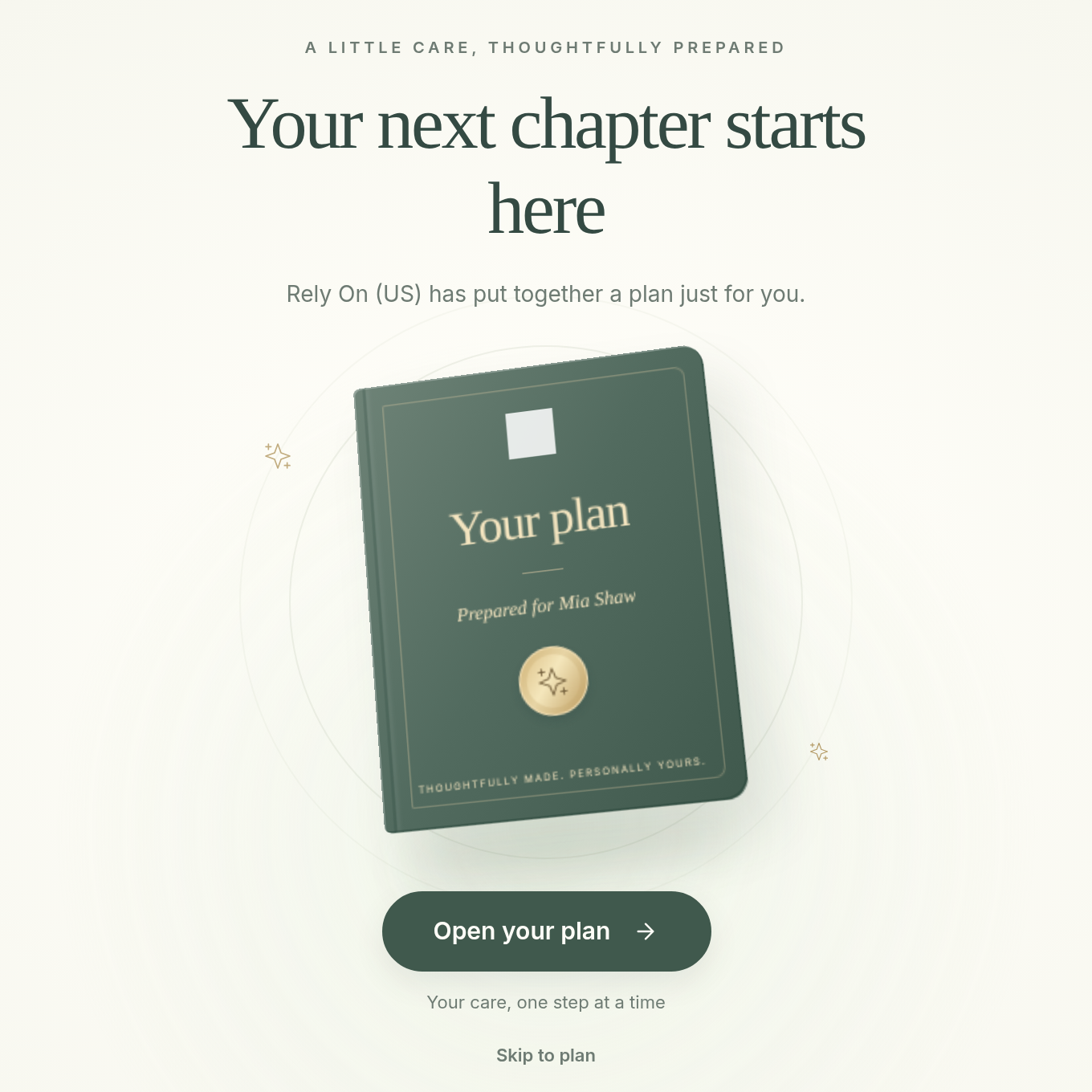 The intro page with a plan cover, Open your plan and Skip to plan