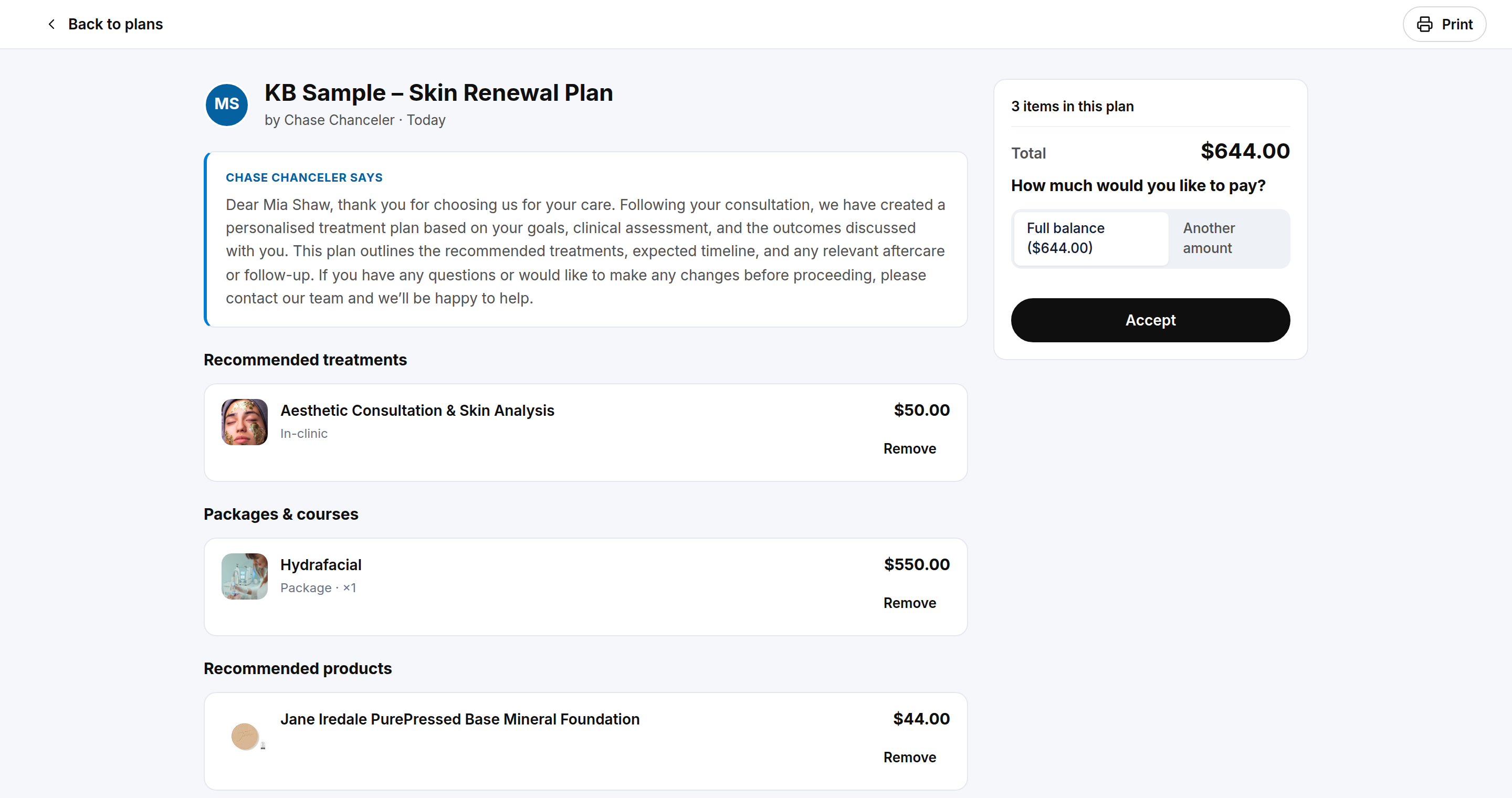 A plan in the client portal with the message, treatments, packages, products, Remove buttons and the Accept panel
