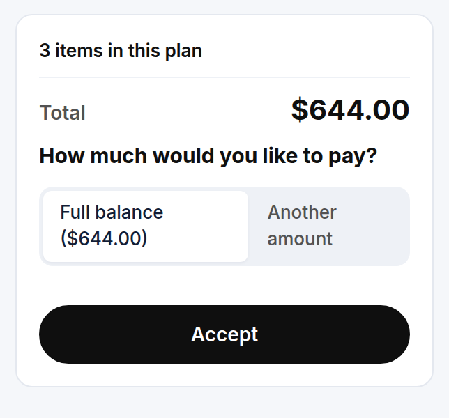 The plan total with the Full balance or Another amount choice and the Accept button