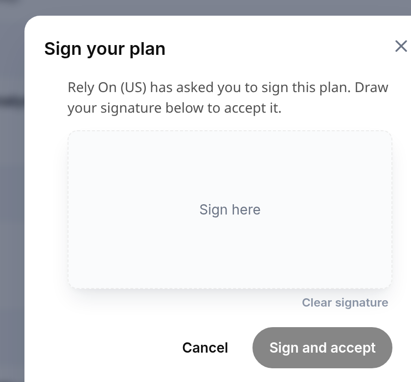 The Sign your plan window with a signature pad and Sign and accept