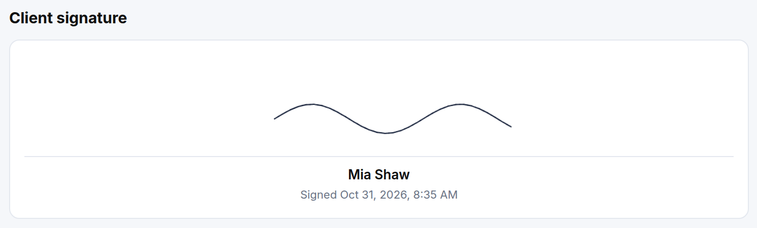 The Client signature section showing the signature, name and signed date