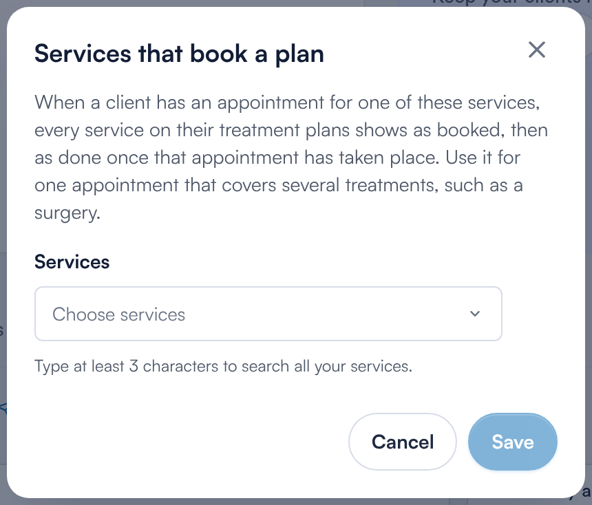 The Services that book a plan window with a Services picker