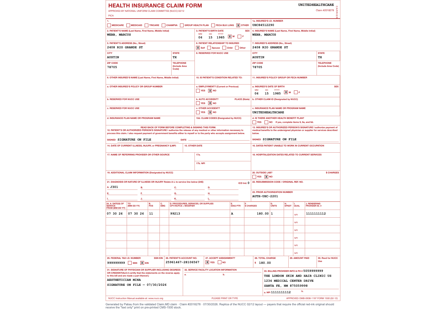 The completed CMS-1500 form replica, filled from the validated claim