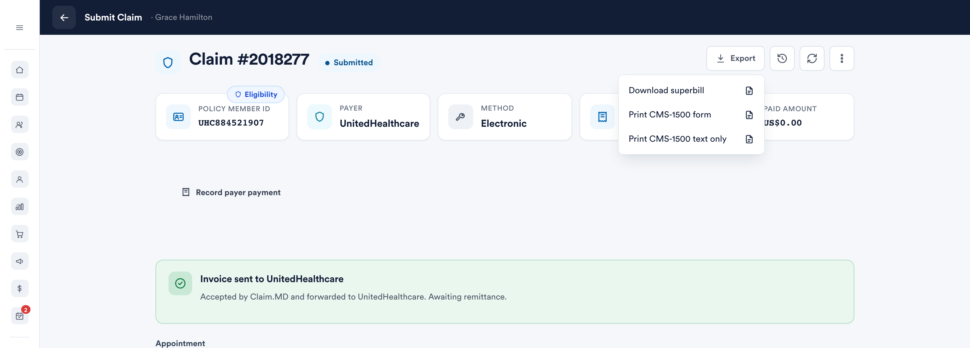 The Export menu on a claim — superbill, CMS-1500 form, and CMS-1500 text only