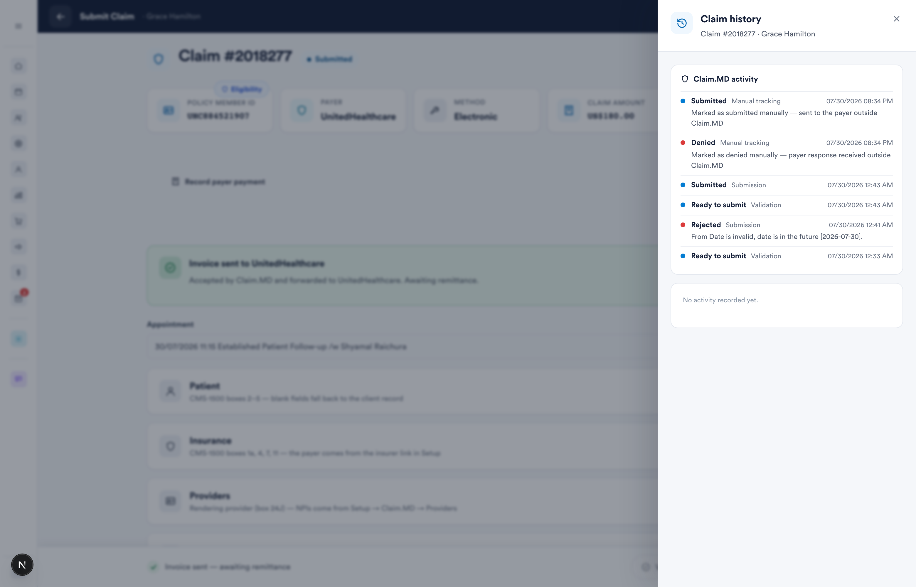 Claim history — manual tracking entries alongside electronic submission events