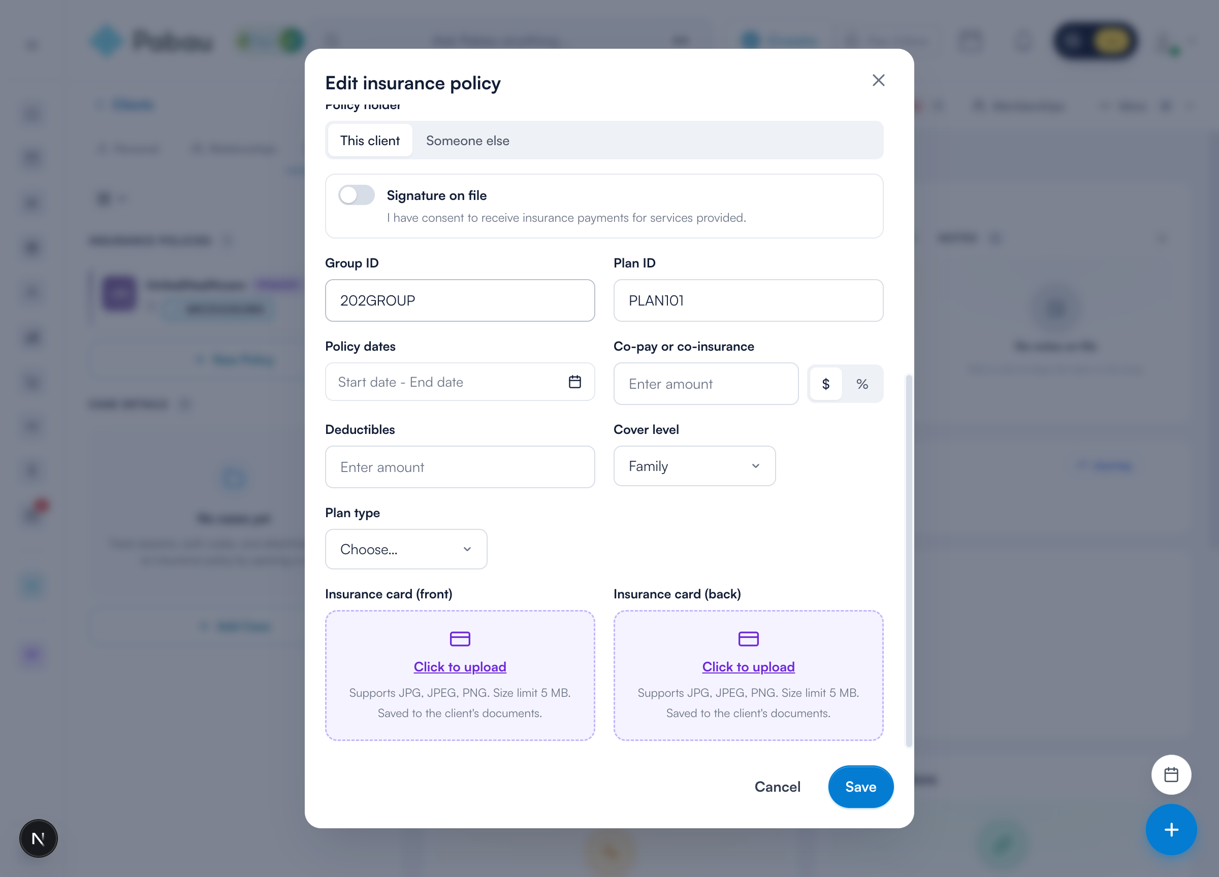 Insurance card front and back upload slots on the policy form