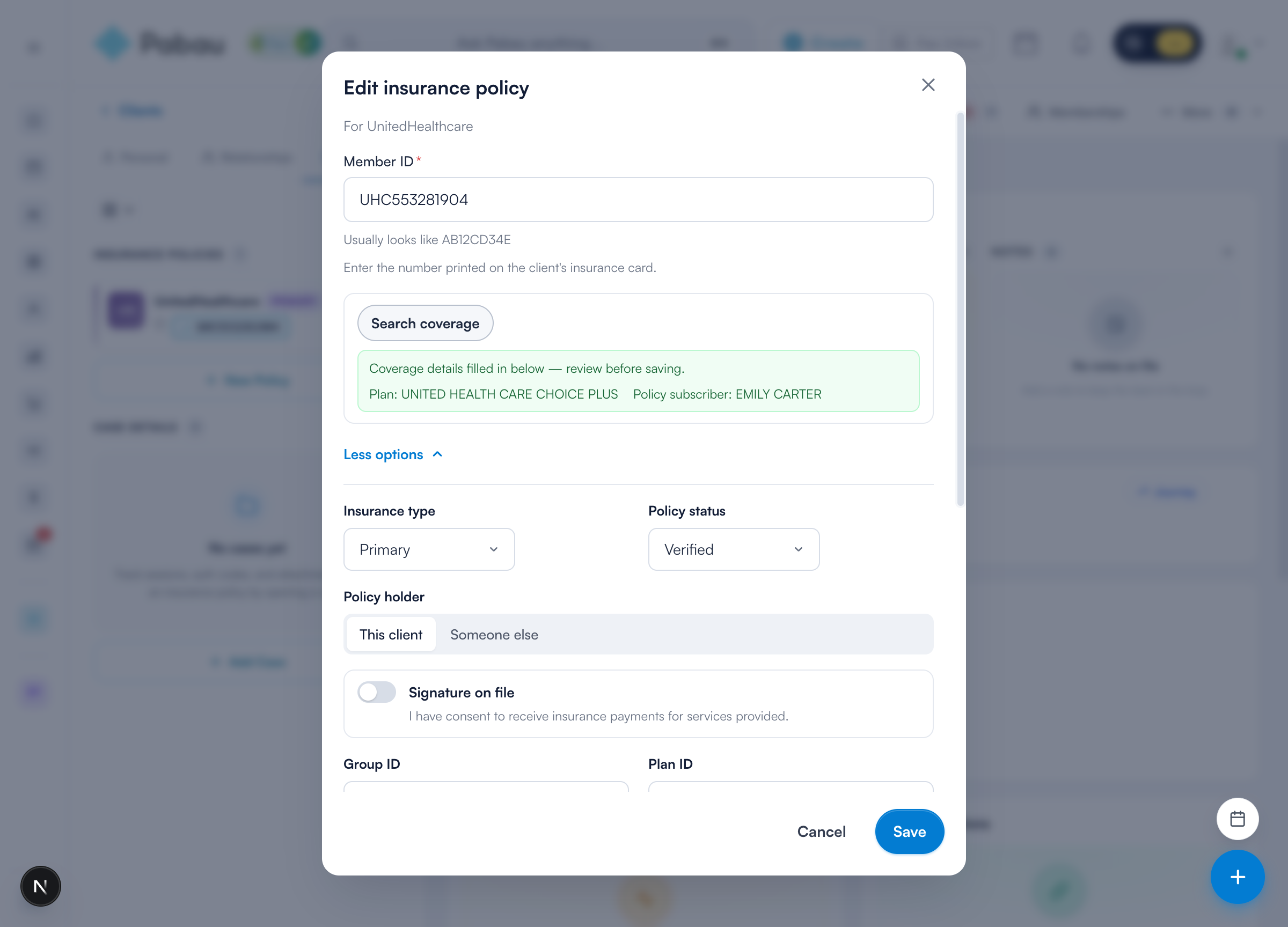 Search coverage filling the policy from a live eligibility check