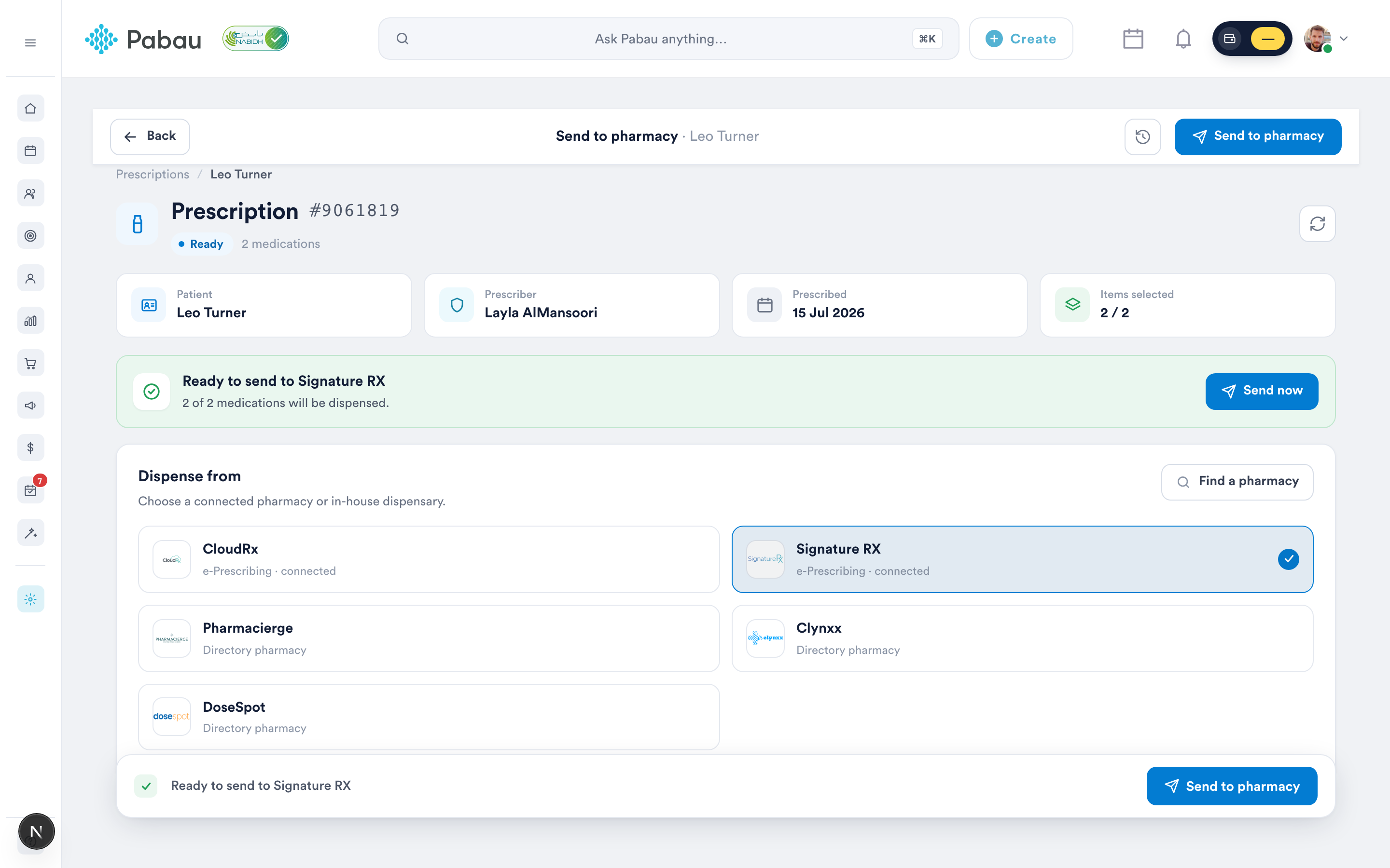 Send to pharmacy screen with Signature RX selected as the dispensing pharmacy