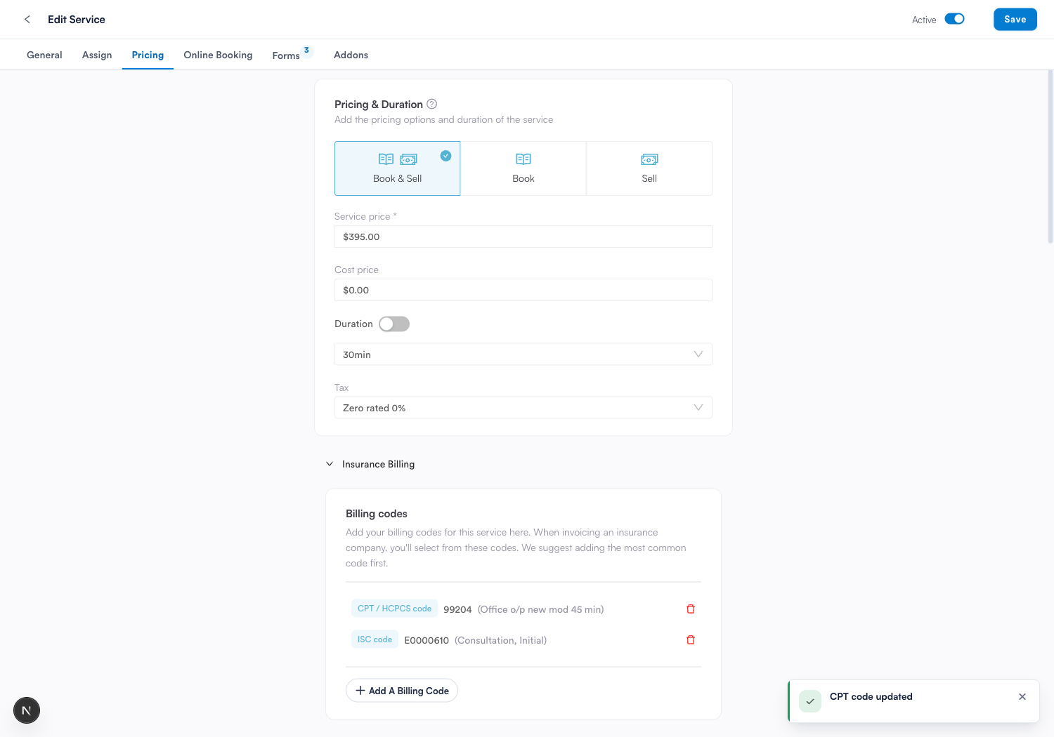 Adding a CPT billing code to a service under Pricing, Insurance Billing in Pabau