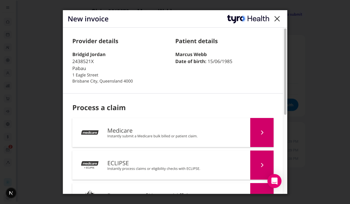 The Tyro Health Online window, pre-filled from Pabau