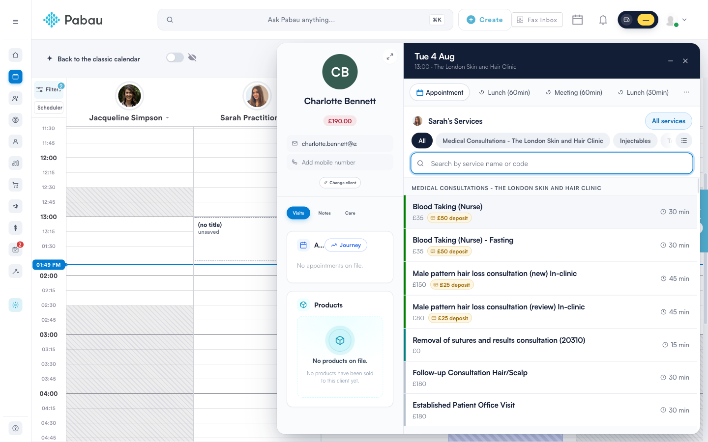 Selecting the client and service in the appointment panel