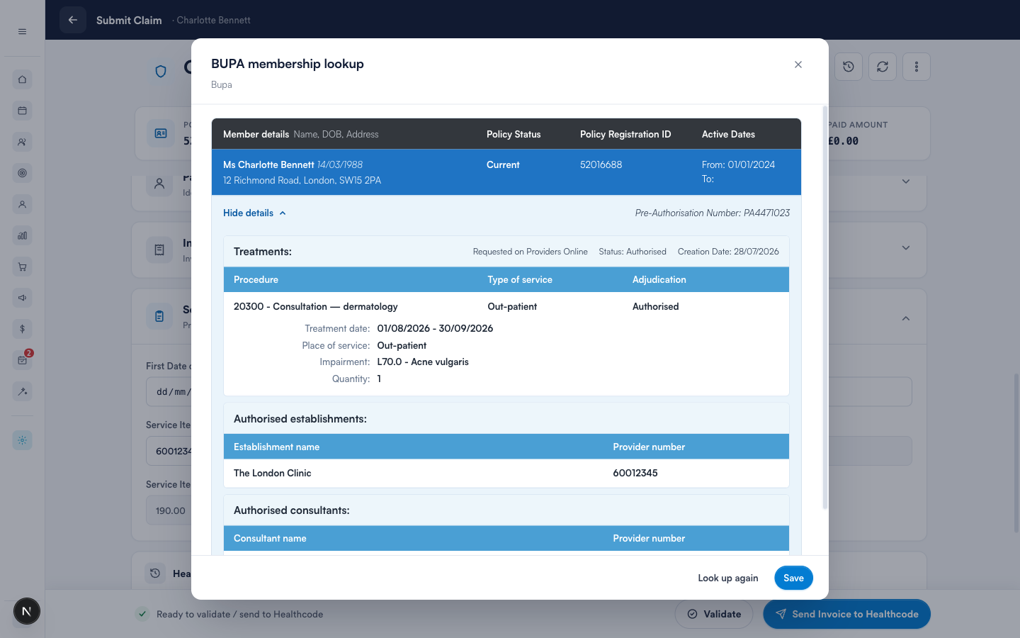 A BUPA membership lookup result showing a Current policy with a pre-authorisation