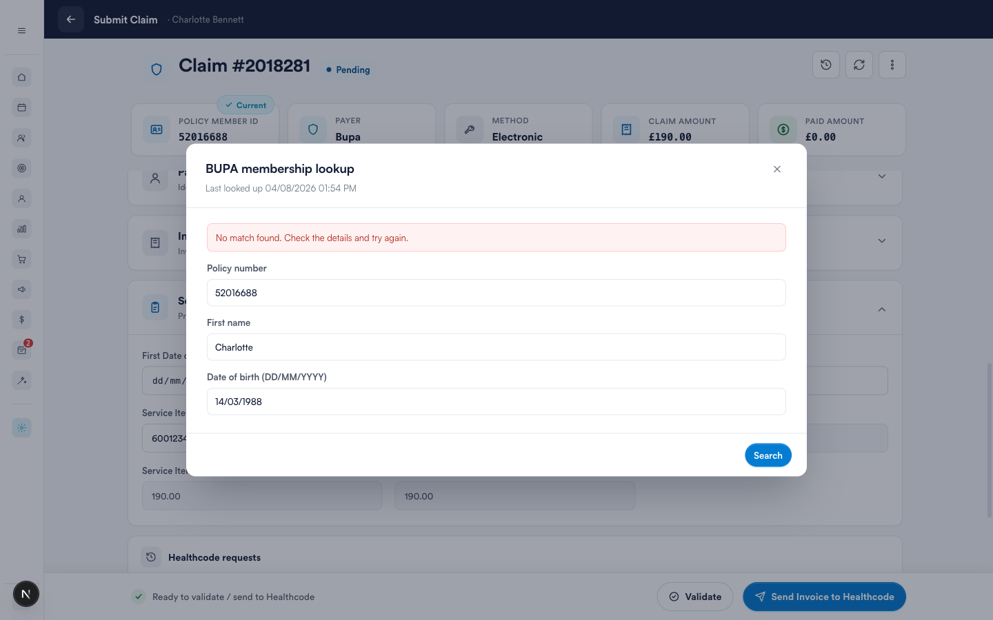 The lookup search form after a no-match, ready to correct and retry