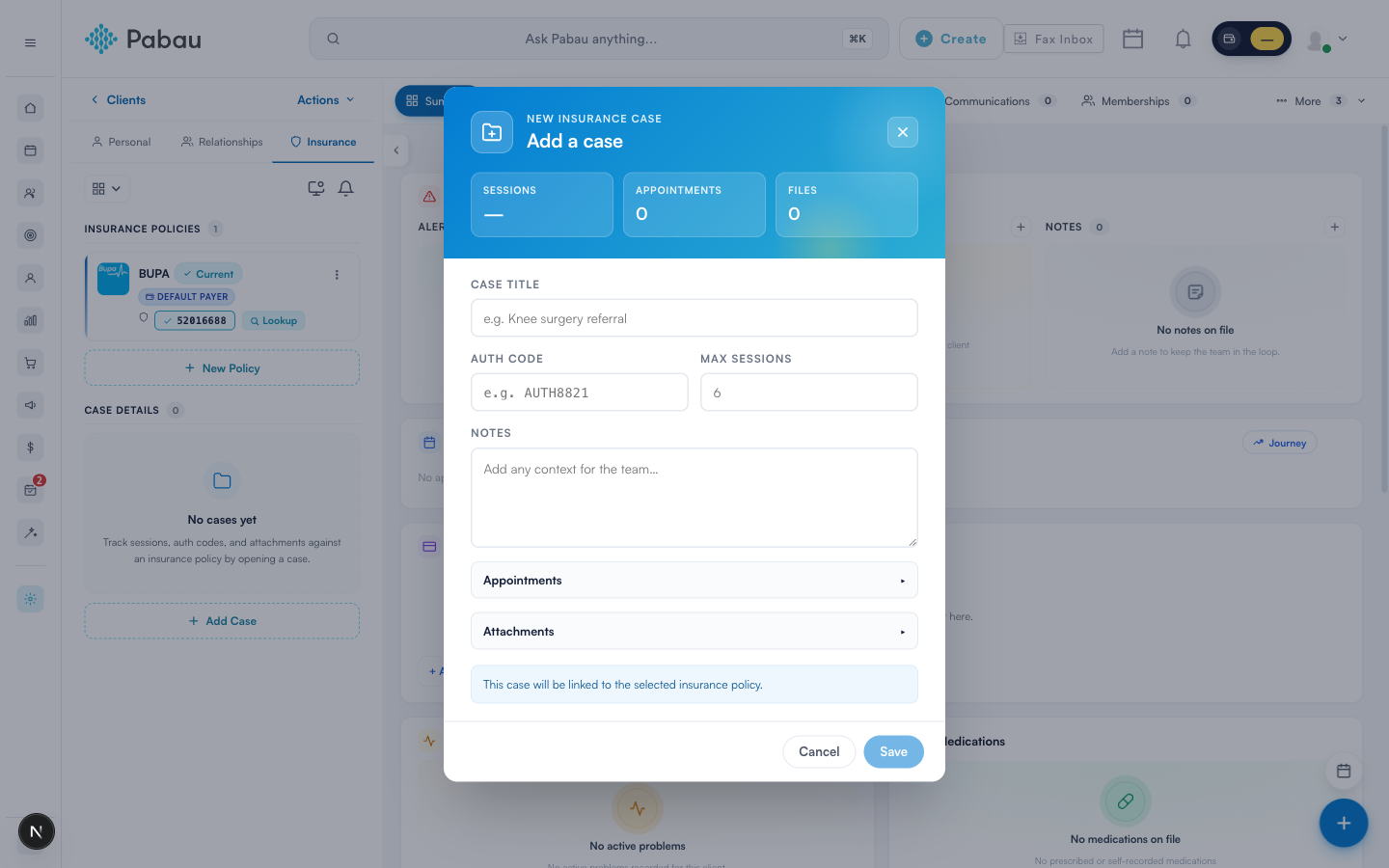 Creating an insurance case with an authorisation code and session limit